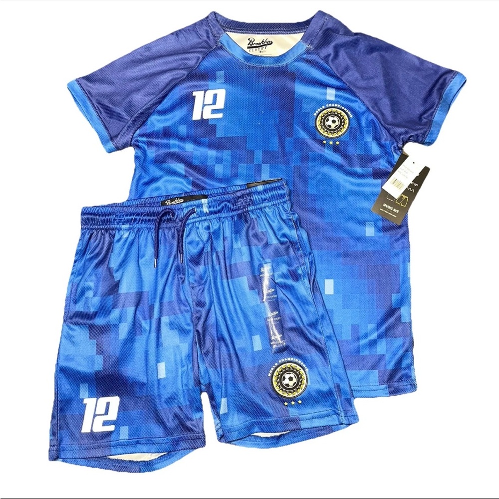 Brooklyn Cloth Blue Soccer Shorts Shirt Set Mesh NWT Boys Large 14/16